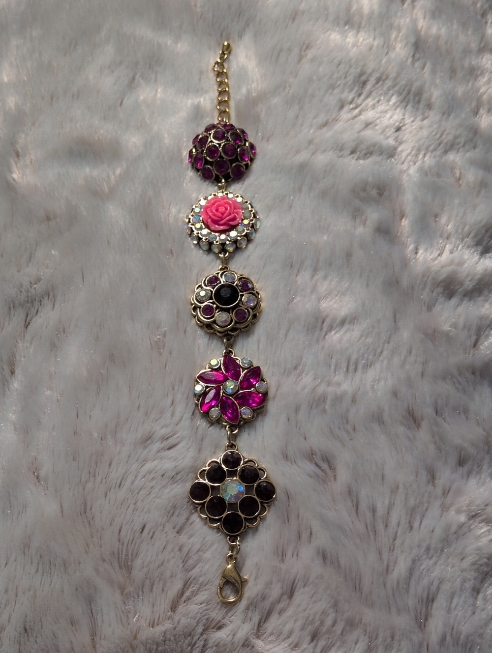 Vintage Antique Gold Pink Resin Rose Rhinestone Disco Ball Link Bracelet